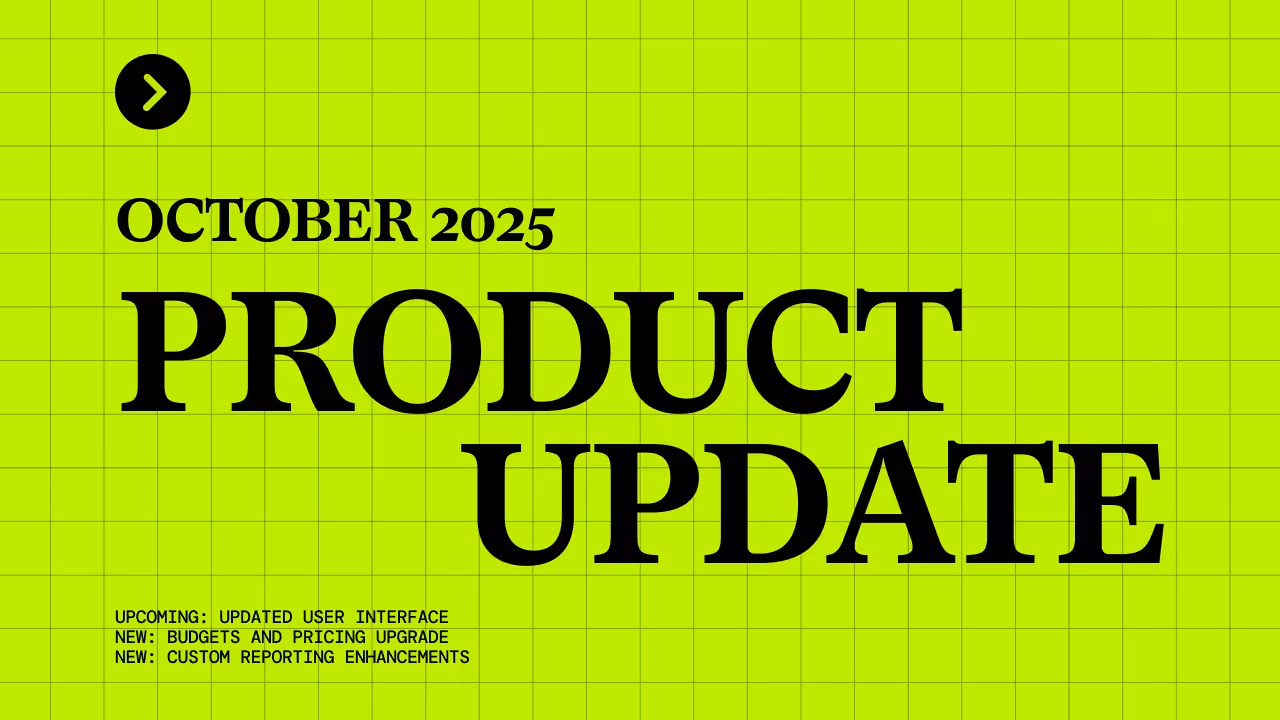 A green background with a black grid overlay. There is a black arrow icon in a black circle at the top left of the image. The black text reads, "October Product Update".