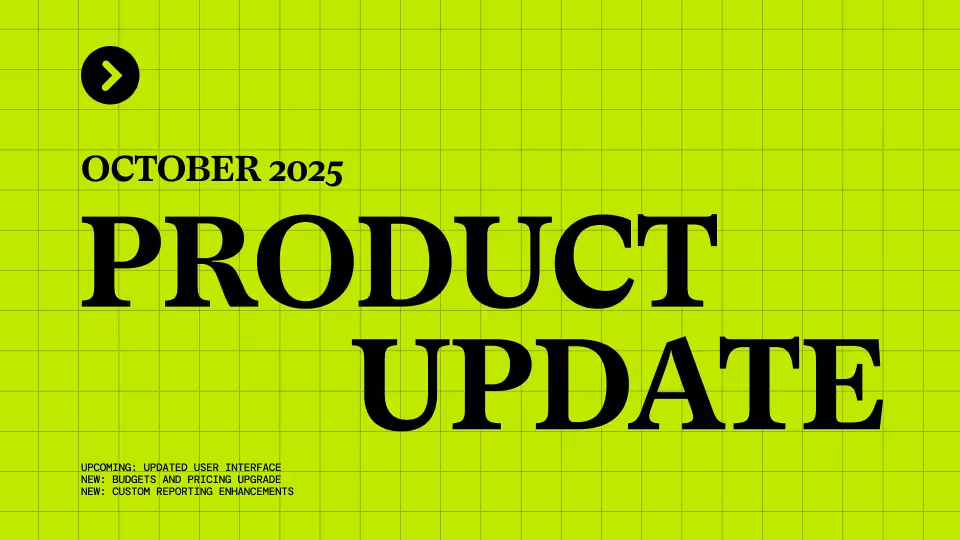 A green background with a black grid overlay. There is a black arrow icon in a black circle at the top left of the image. The black text reads, "October Product Update".