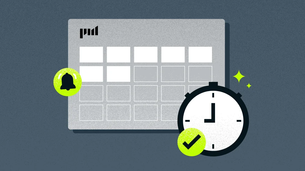 A dark blue background with a grey timesheet graphic overlaid. There is a green circle with a black bell inlaid, and a black and white clock icon with a green and black tick icon and green sparkles. A black Projectworks logo appears on the top left of the timesheet.