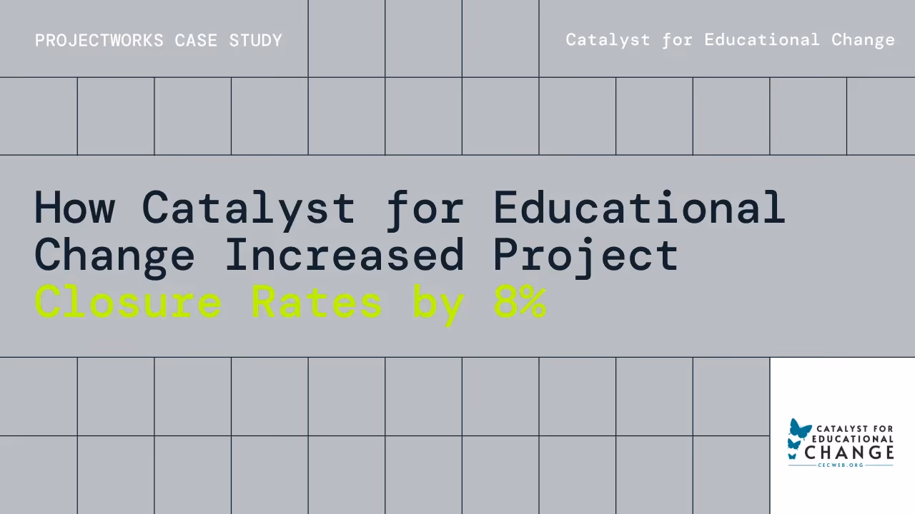 A gray banner image with a black grid overlaid. Black title text reads, "How Catalyst for Educational Change Increased Project Closure Rates by 8%" and white text at the top reads, "Projectworks Case Study" and "Catalyst for Educational Change".