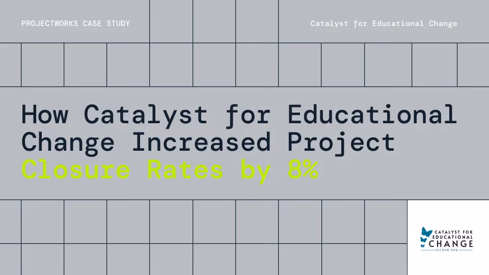 A gray banner image with a black grid overlaid. Black title text reads, "How Catalyst for Educational Change Increased Project  Closure Rates by 8%" and white text at the top reads, "Projectworks Case Study" and "Catalyst for Educational Change".