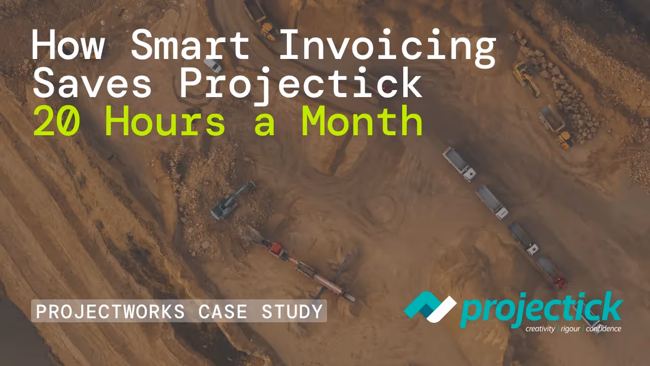 An image of a quarry with text overlaid: "How Smart Invoicing Saves Projectick 20 Hours a Month" and "PROJECTWORKS CASE STUDY" alongside the Projectick logo in the bottom right.