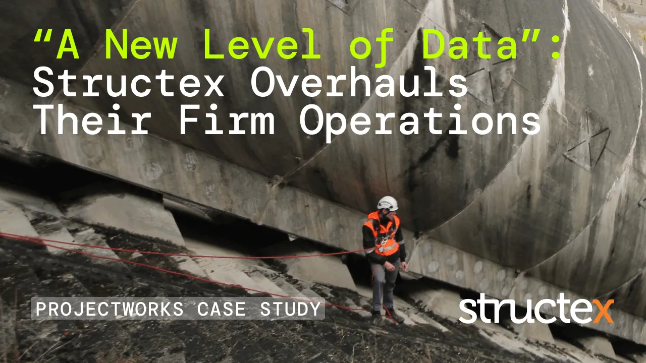 A photograph of an engineer onsite at a dam project. The overlaid title text reads, ""A New Level of Data": Structex Overhauls Their Firm Operations". At the bottom of the image is the text, "PROJECTWORKS CASE STUDY" and the Structex logo.