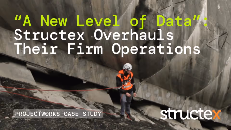 A photograph of an engineer onsite at a dam project. The overlaid title text reads, ""A New Level of Data": Structex Overhauls Their Firm Operations". At the bottom of the image is the text, "PROJECTWORKS CASE STUDY" and the Structex logo.
