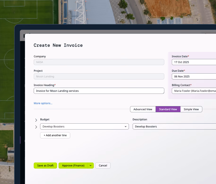 ProjectWorks dashboard showing project budget and burn details for Bundled Software Platform with $35,000 total budget and detailed expense and burn rates.