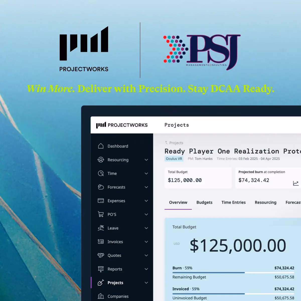 Project management dashboard for Watson User Testing showing budget, projected burn, revenue, and a line chart of expenses from May to August 2025.