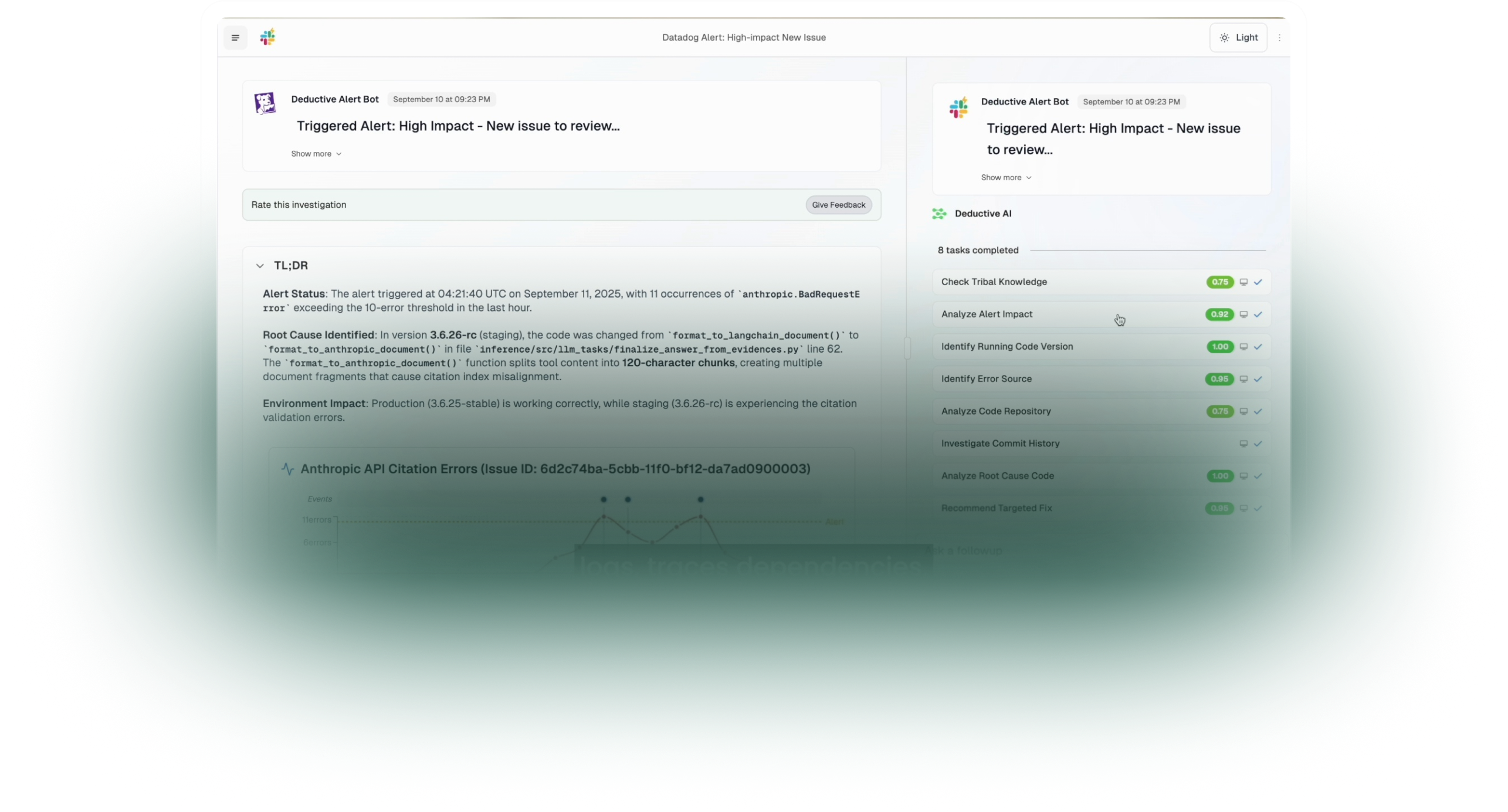 Dashboard interface showing a Deductive Alert Bot triggered alert for a high-impact new issue with detailed investigation summary and task completion status from Deductive AI.