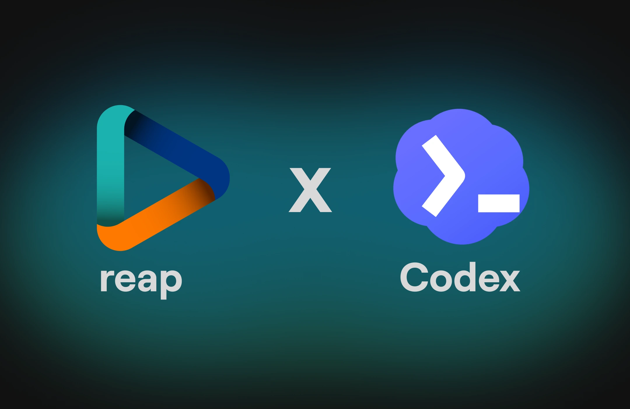 Reap x Codex hero image showing Reap and Codex centered on a dark teal gradient background, representing Reap as an AI clipping agent inside Codex for creating clips, captions, subtitles, and social videos from prompts.