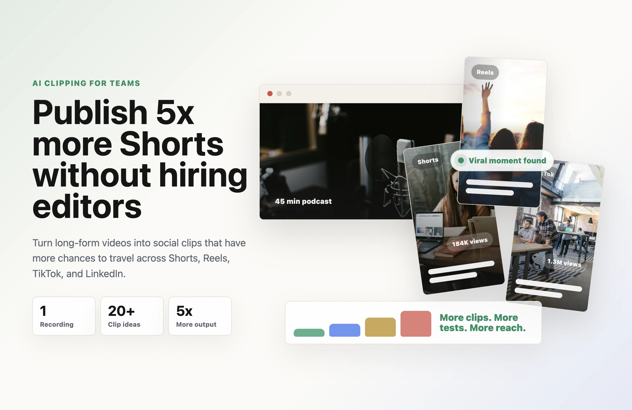 Podcast recording turned into viral-ready Shorts, Reels, and TikTok clips with AI clipping, captions, view counts, and short-form growth signals.