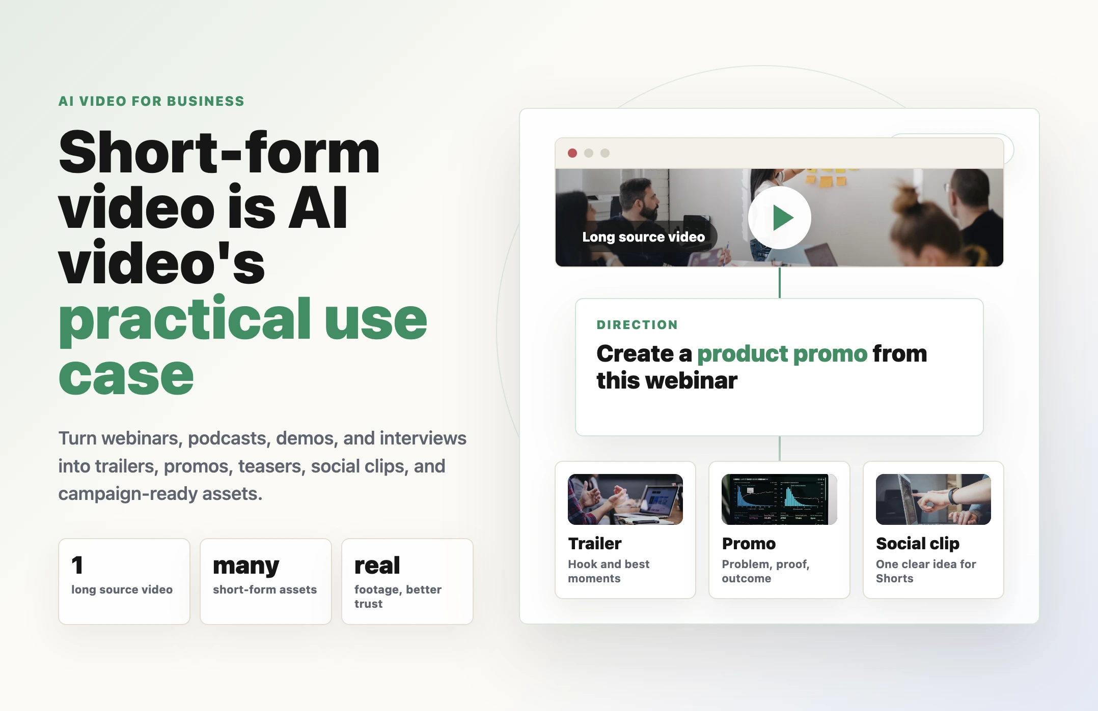 A Reap AI video workflow showing one long source video being turned into short-form assets like trailers, promos, and social clips with prompt clipping.