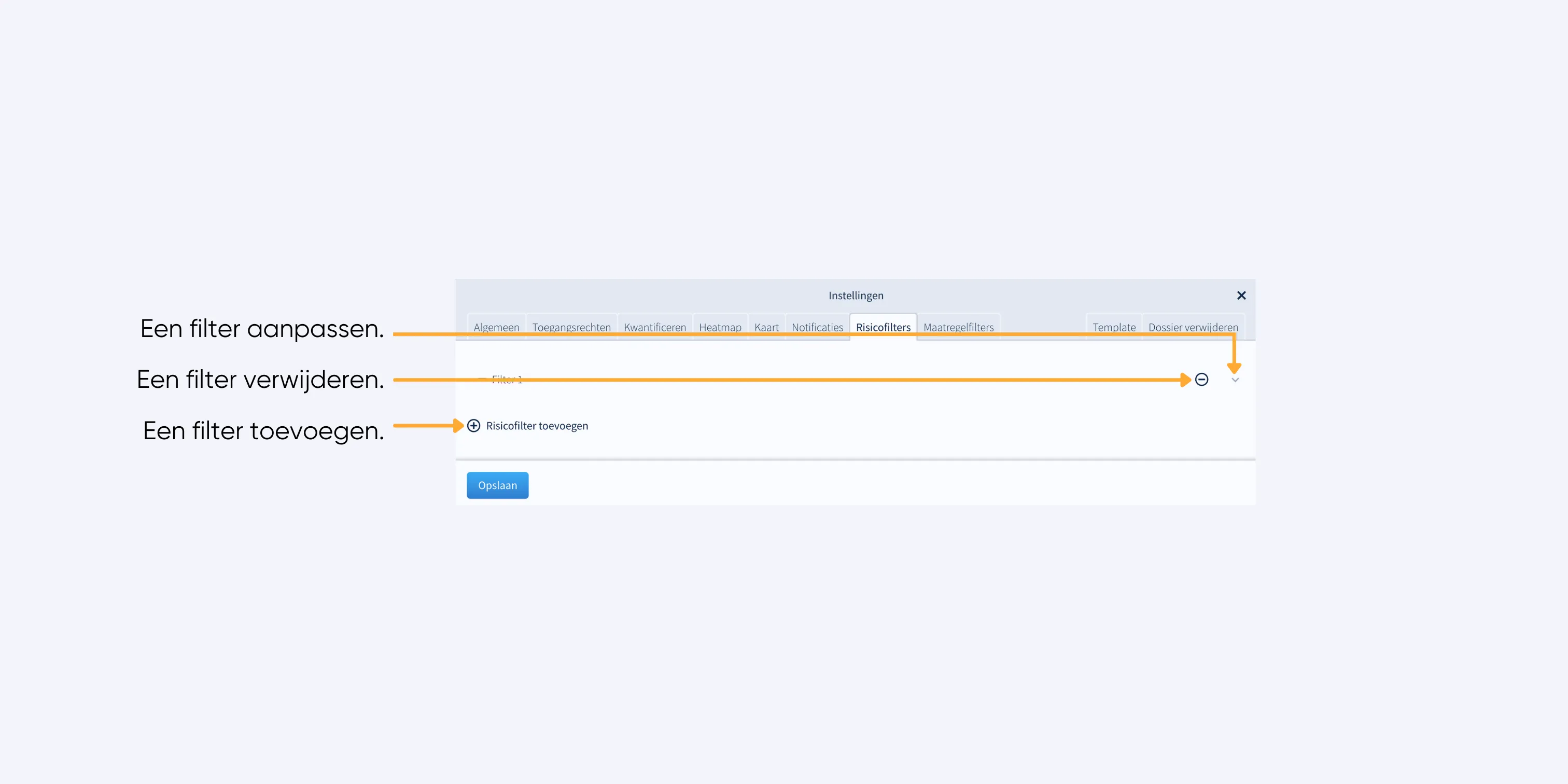 Screenshot van de software met uitleg over de instellingen van risicofilters in een dossier