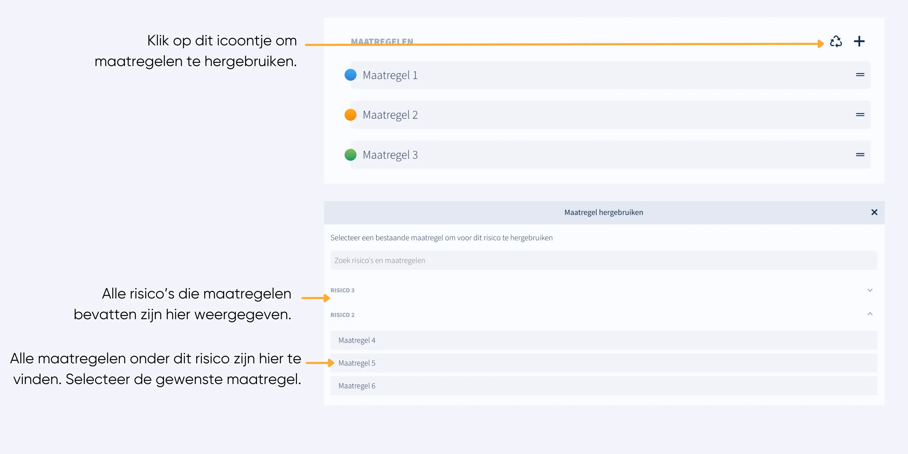 Screenshot uit de software met uitleg over het hergebruiken van maatregelen