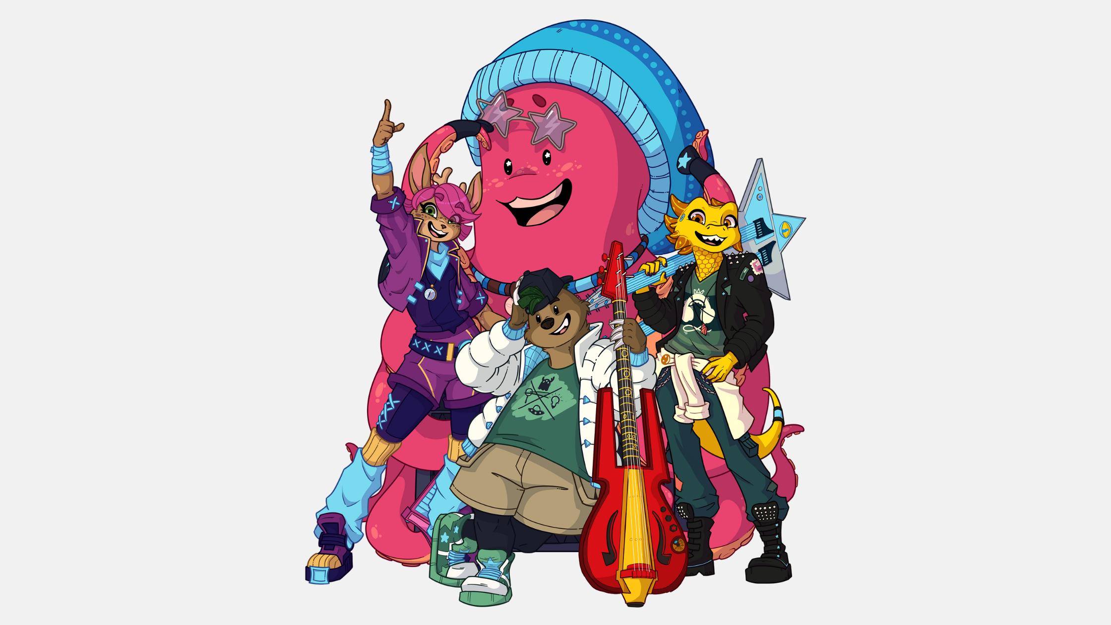 A colorful cast of happy animated animals who make up the Star Forest Band: Fawn, a sassy Fox, Rocky, a raggae inspired Squid, Sluuth, a rap-inspired Sloth, and Twig, a rock-and-roll tattooed gecko.