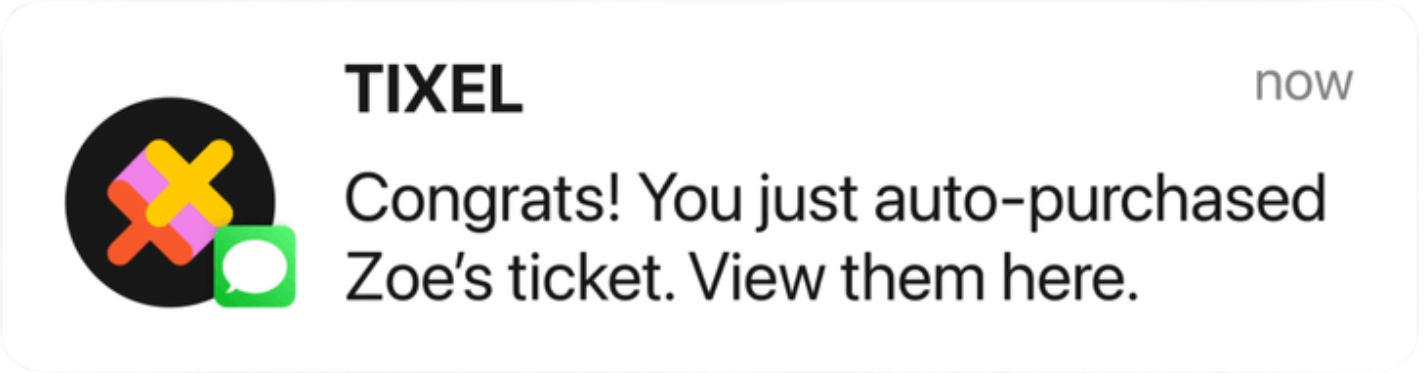 SMS notification of successful auto-purchase