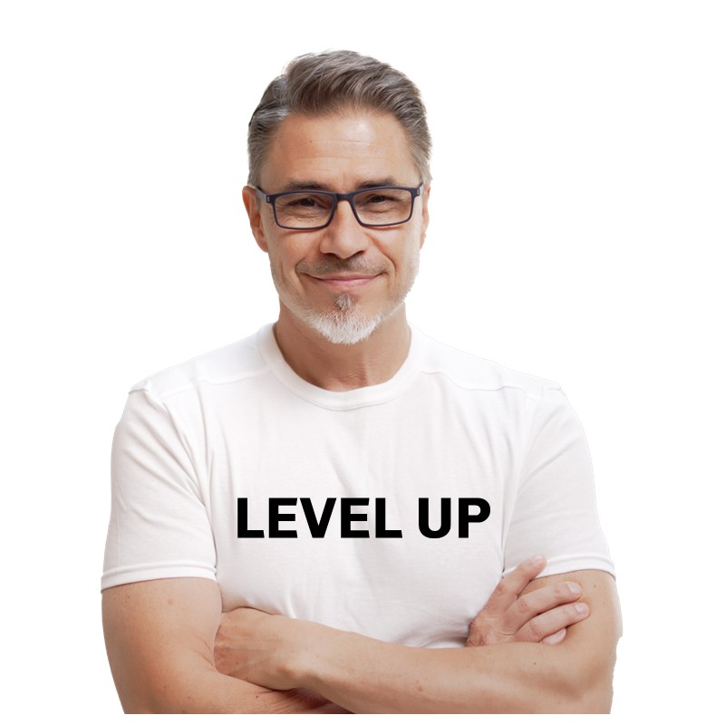1. A man wearing glasses and a white shirt displaying the word "professionalnel" in a professional setting.