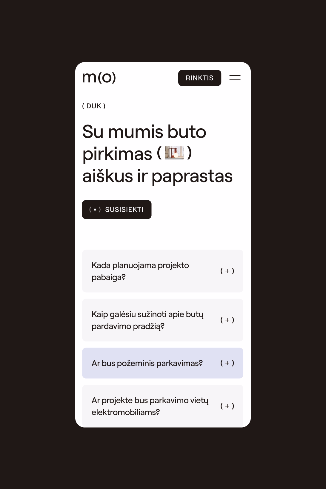 Mobile page showing FAQ about apartment purchase with questions on project end and parking features in Lithuanian.