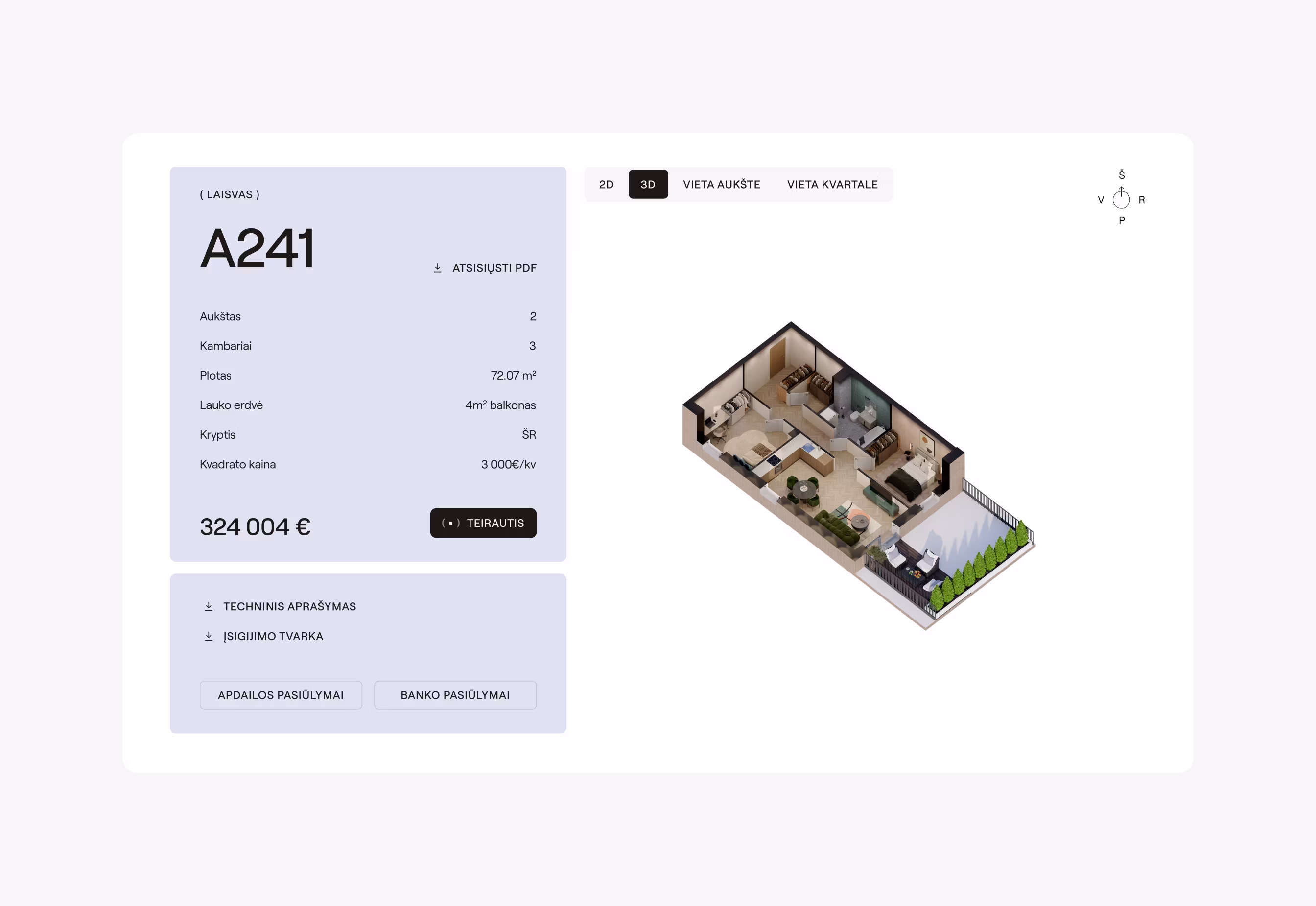 3D floor plan of apartment A241 with 3 rooms, balcony, and outdoor space, priced at 324,004 euros.