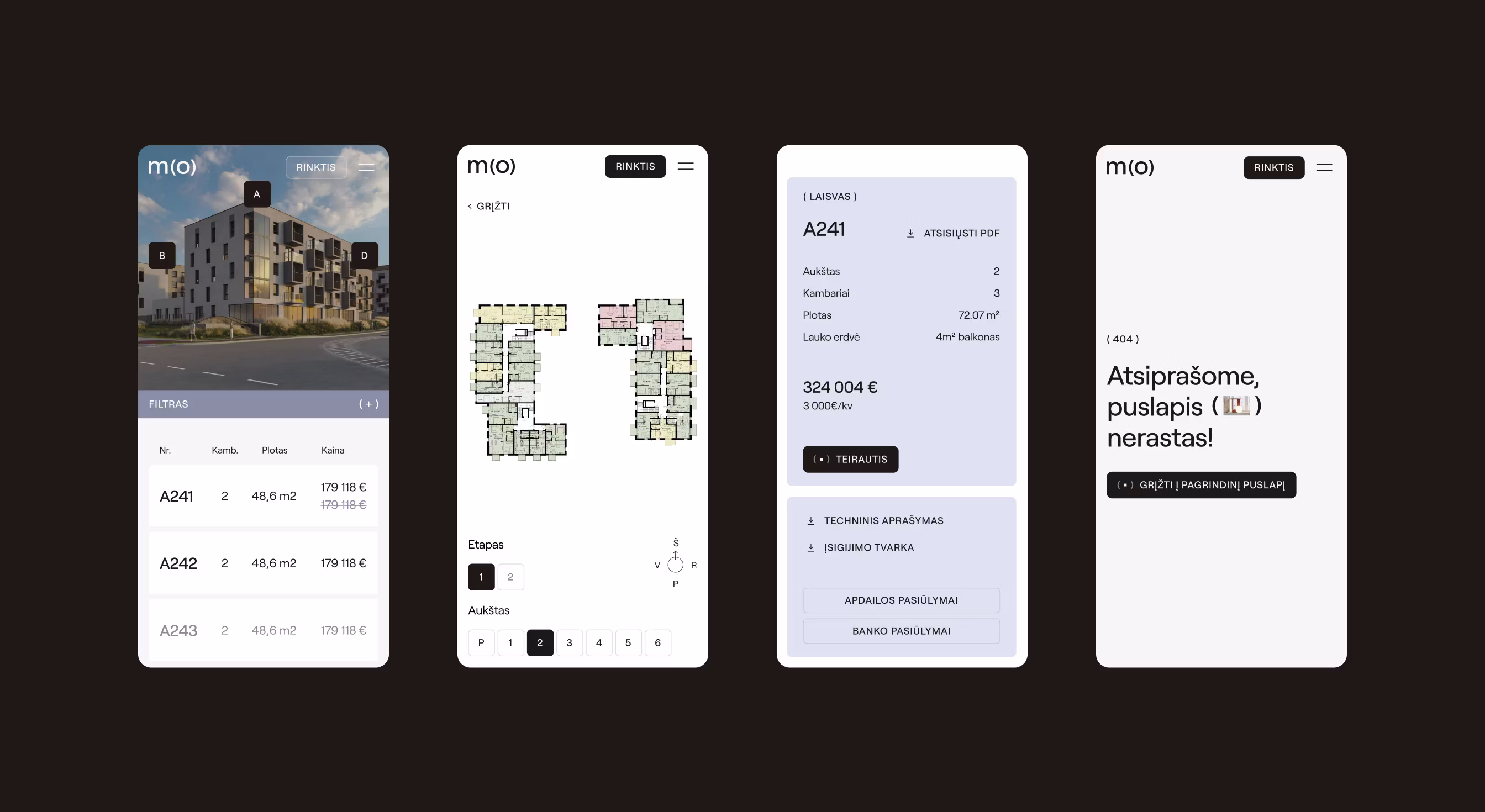 Four mobile screens show apartment listings, floor plans, details, and a 404 error page in Lithuanian.