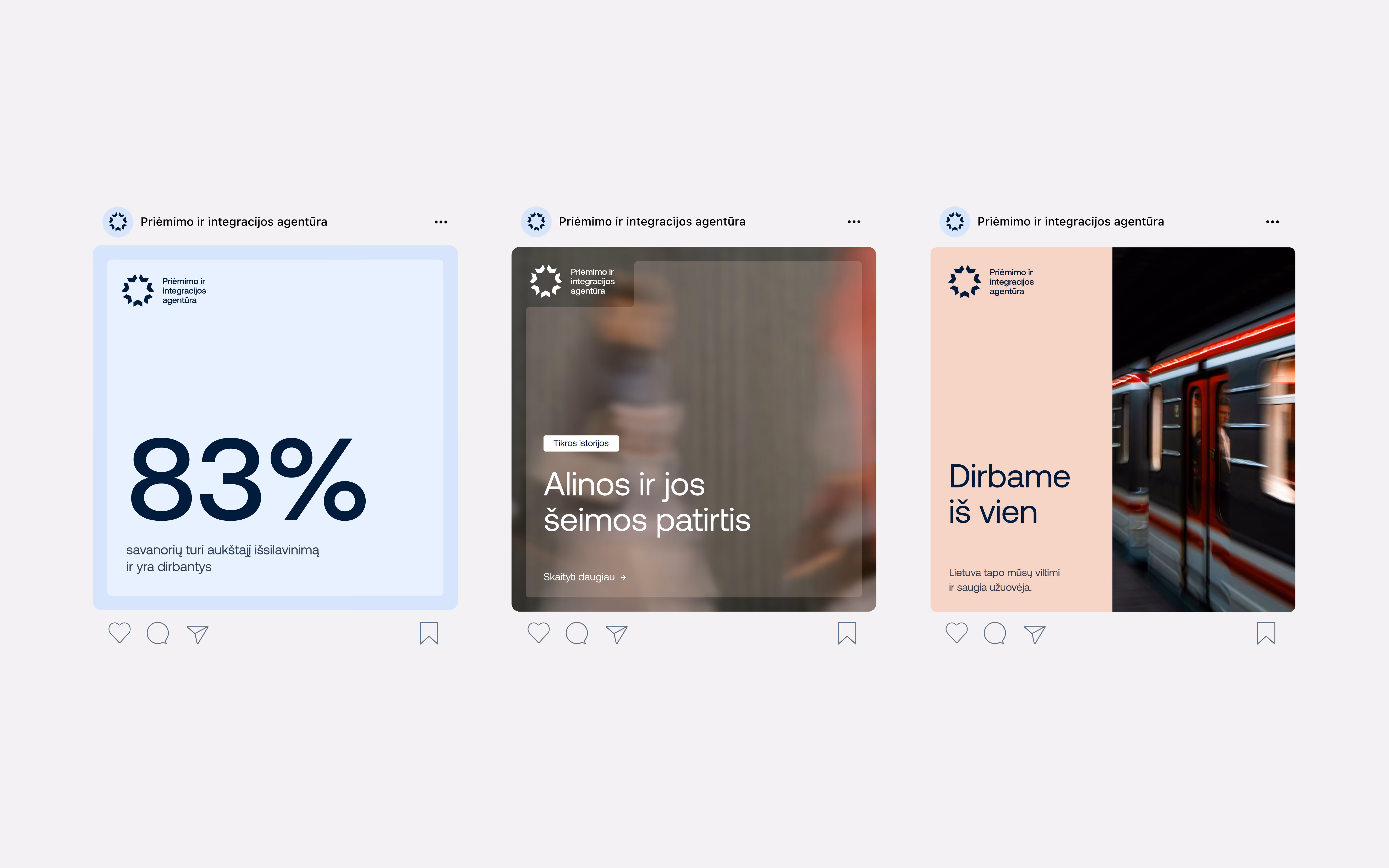 Three social posts from Priėmimo ir integracijos agentūra showing statistics, a blurred photo, and a subway train.