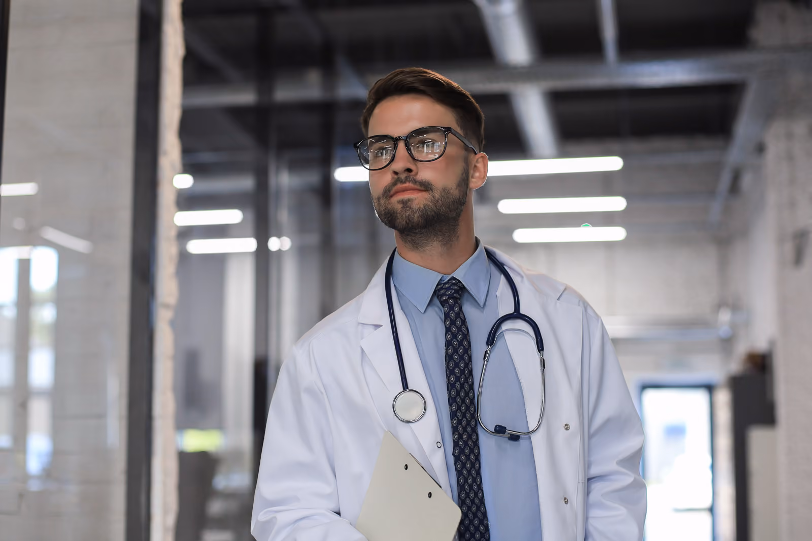 A male doctor in a white coat and tie.