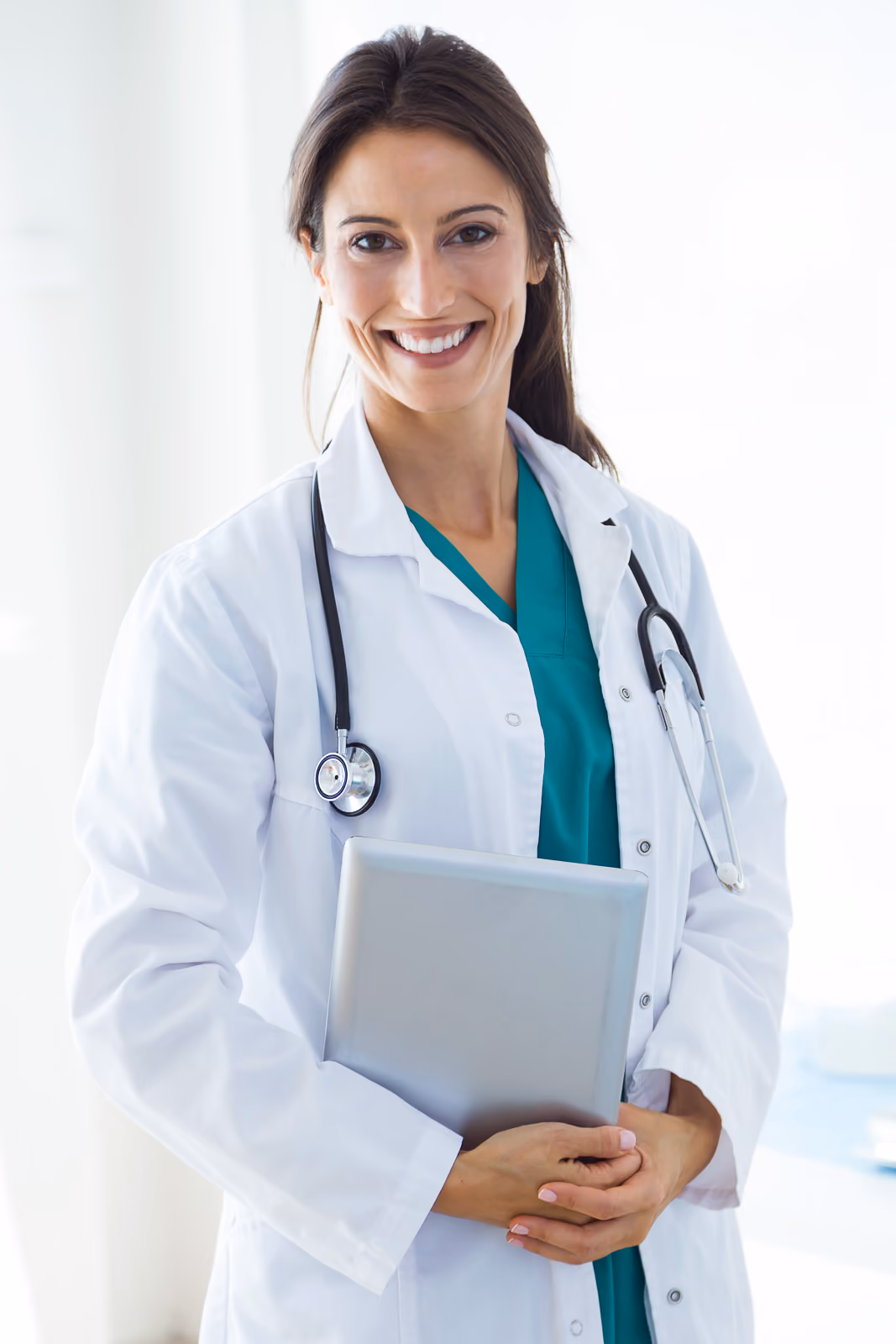 A woman in a white lab coat holding a clipboard.