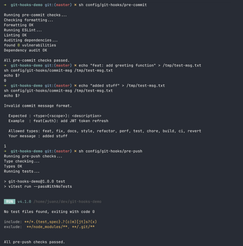 Git hooks pre-commit, commit-msg, and pre-push checks passing.
