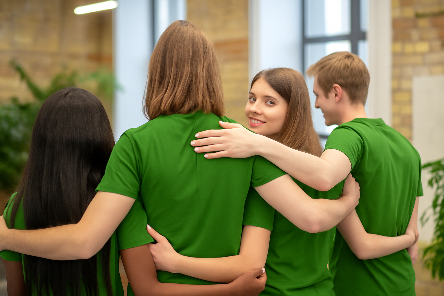 Gruppenbild einer jungen Mitarbeitergruppe von unten. Abwechselnd eine Frau und ein Mann. Eine Frau schaut lächelnd in die Kamera.
