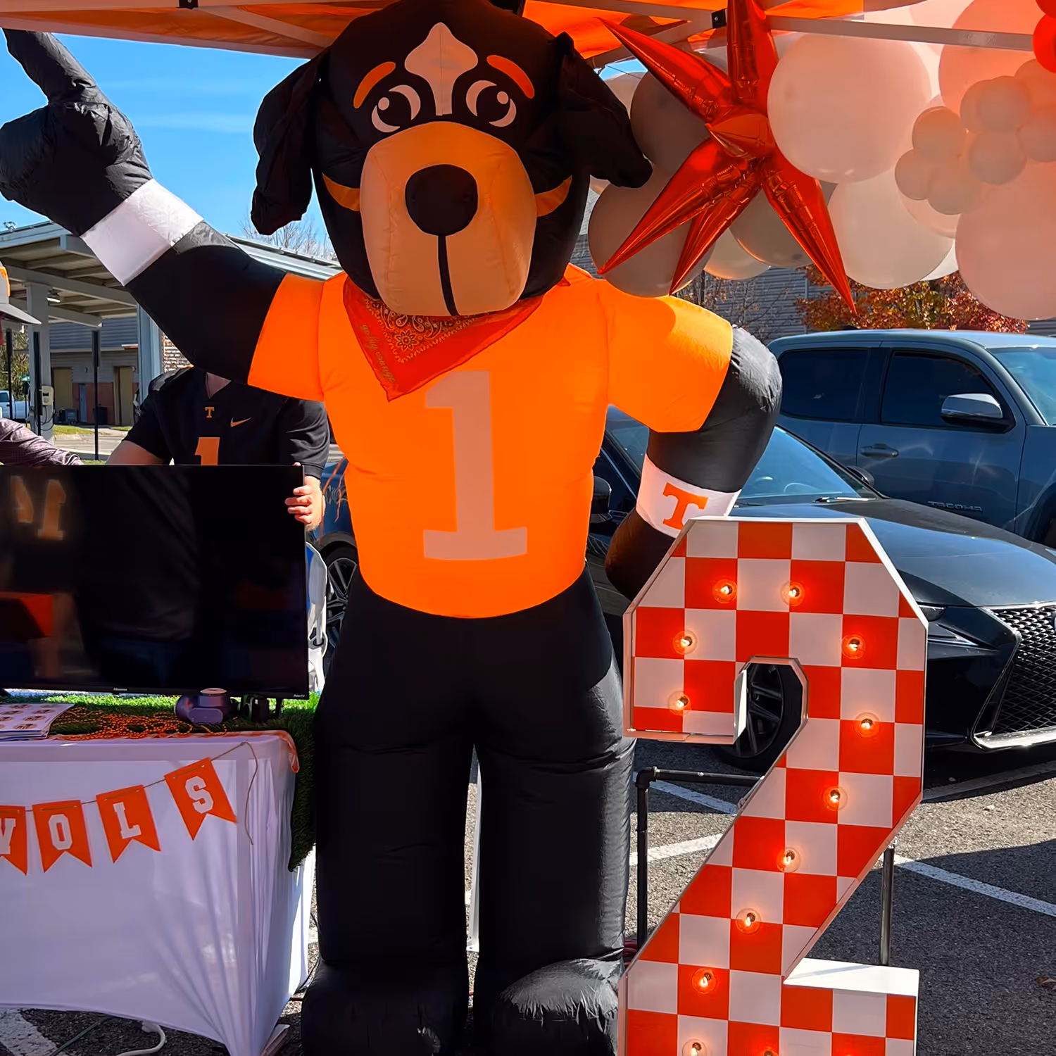 Lit letters spelling HVMS in front of silver and blue balloons at Hardin Valley Middle School with mural stars and music notes on the wall.
