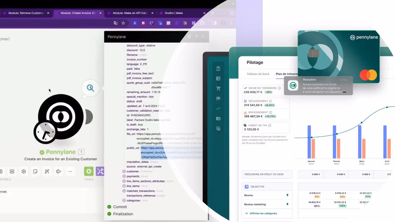 Visuel représentant les logos de Pennylane et Make, partenaires de SOPTIMA pour des solutions de gestion financière et d'automatisation des processus.