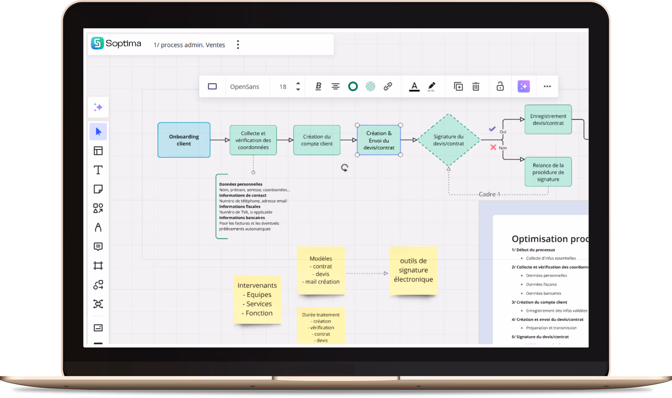 Schéma illustrant un processus créé par SOPTIMA, montrant les étapes interconnectées par des flèches pour décrire un flux d'onboarding client.