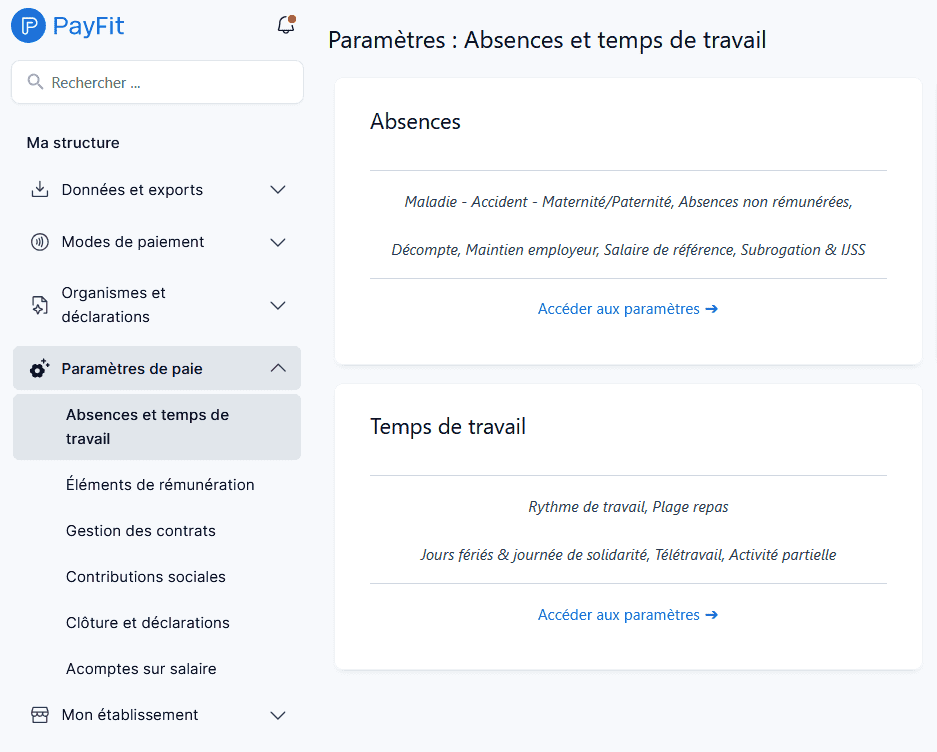 Interface paramétrage PayFit