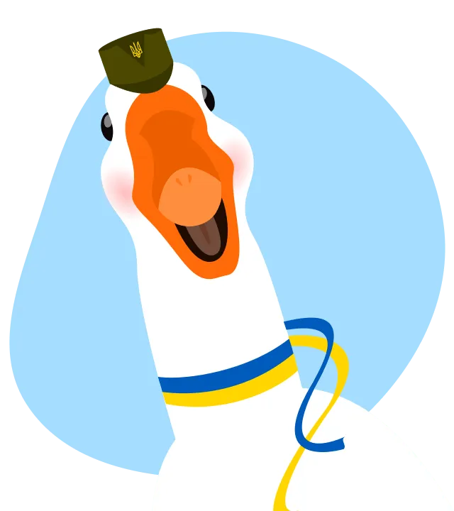 image of a white goose with a yellow and blue ribbon around its neck