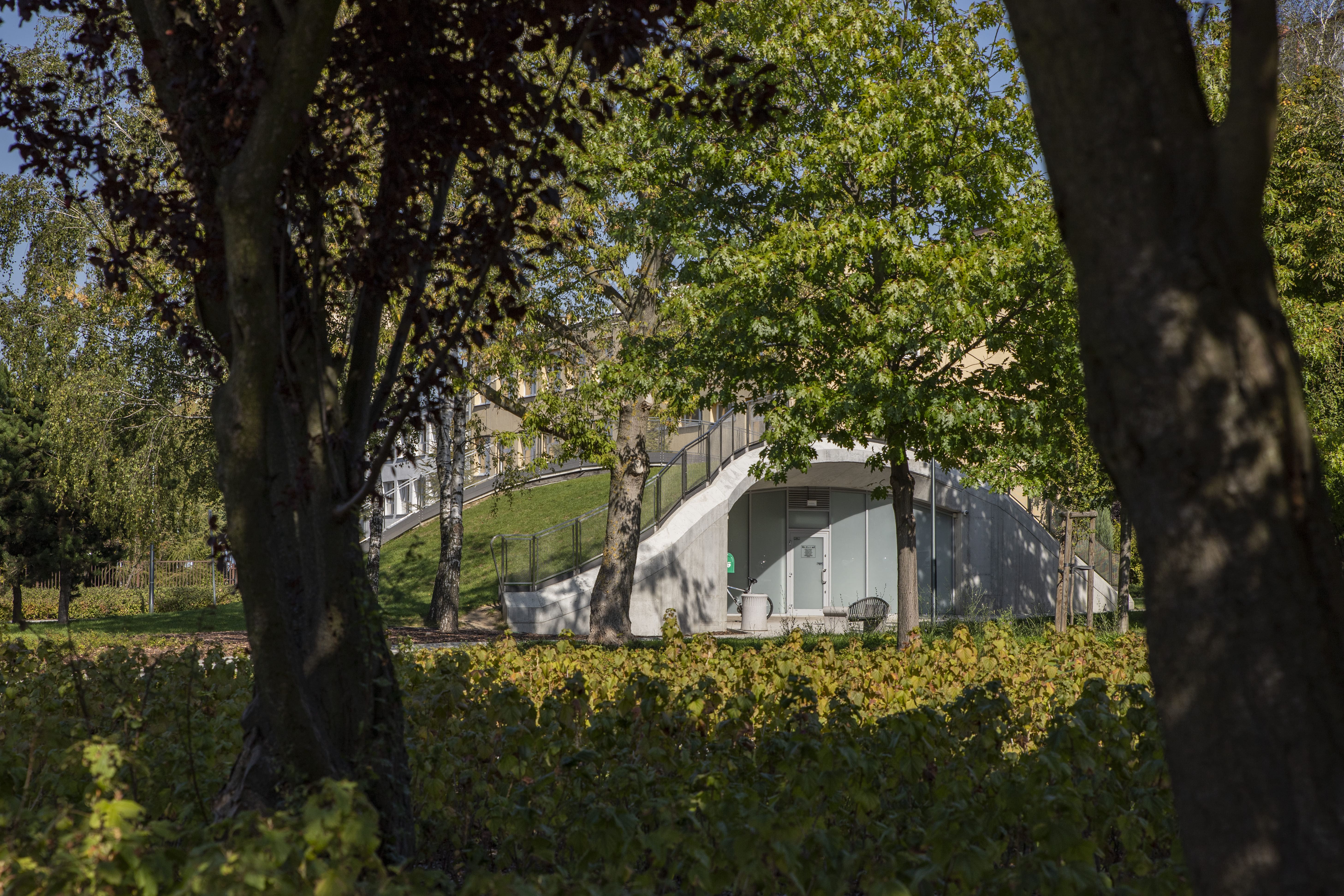 A modern building with an arched concrete structure surrounded by trees and greenery on a sunny day.
