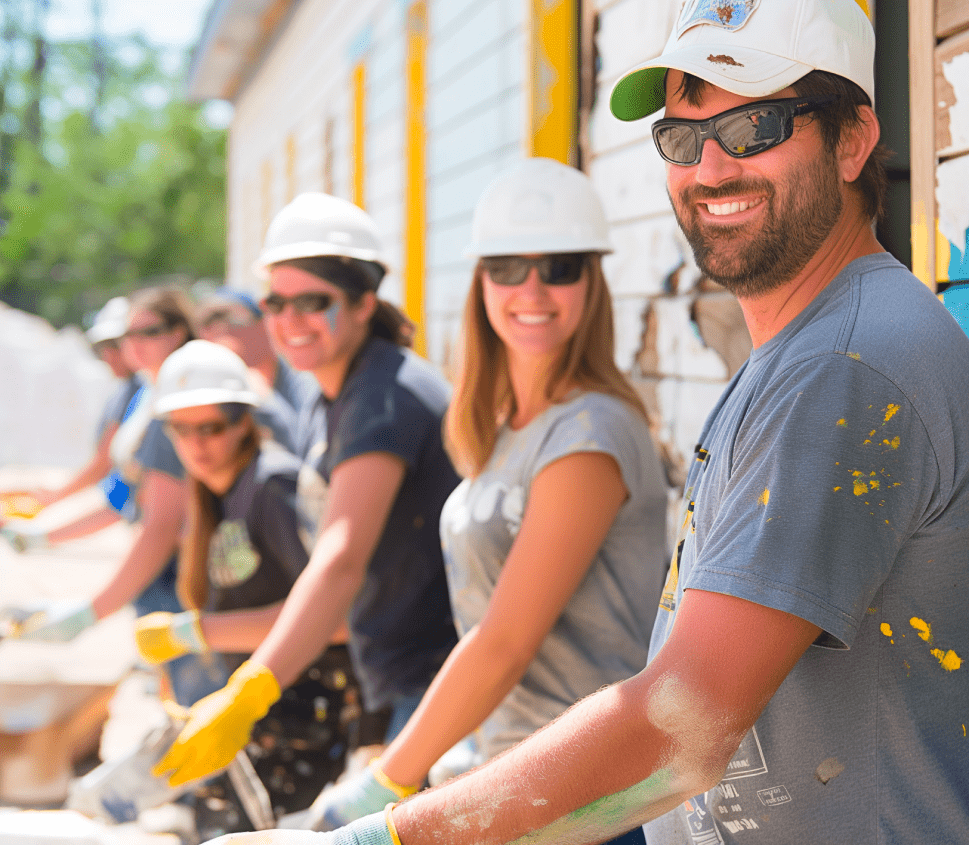 A group of people wearing hard hats and gloves.