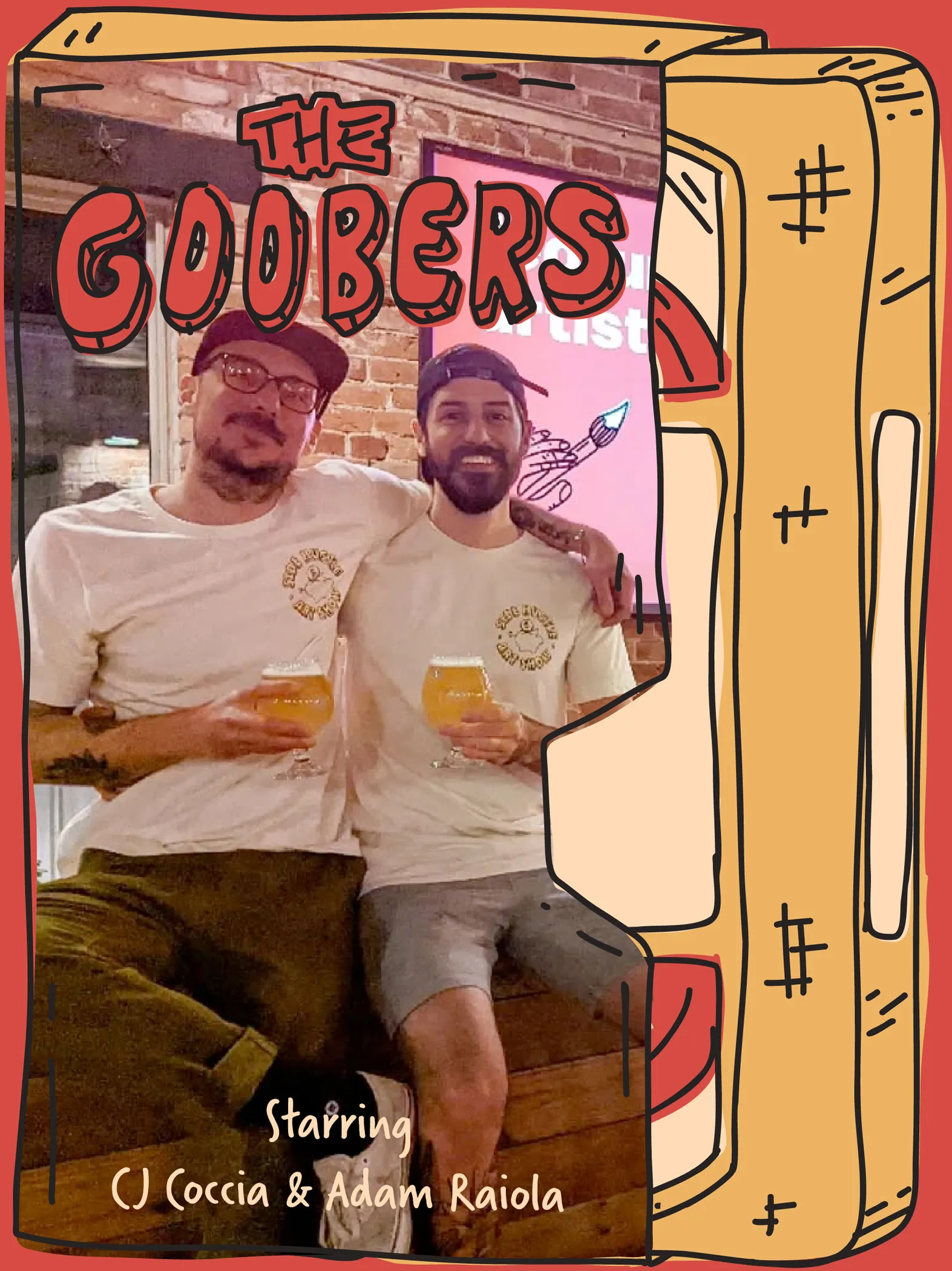 An illustration of a VHS tape and paper case. On the cover is a picture of CJ Coccia and Adam Raiola