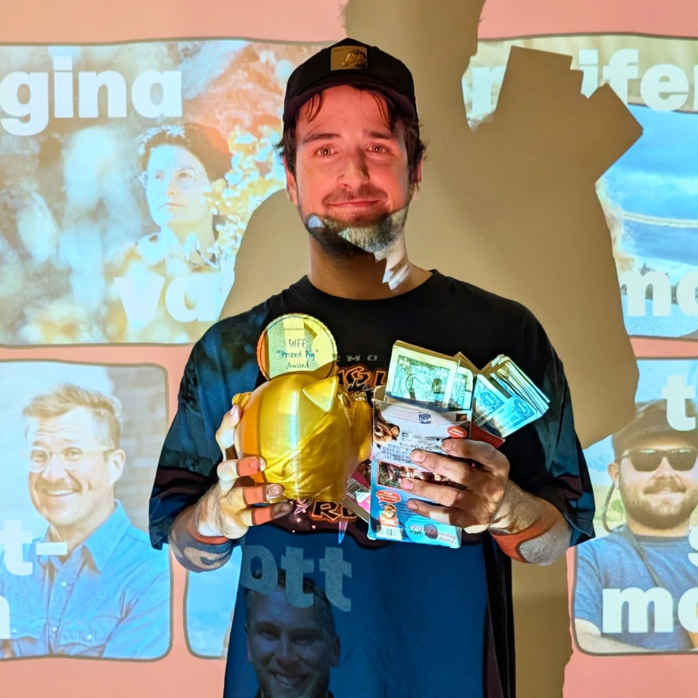 2025 Side Hustle Film Fest Prized Pig winner Kavon Zamanian β holding the 3D printed coin pig award and two VHS tape covers filled with cash