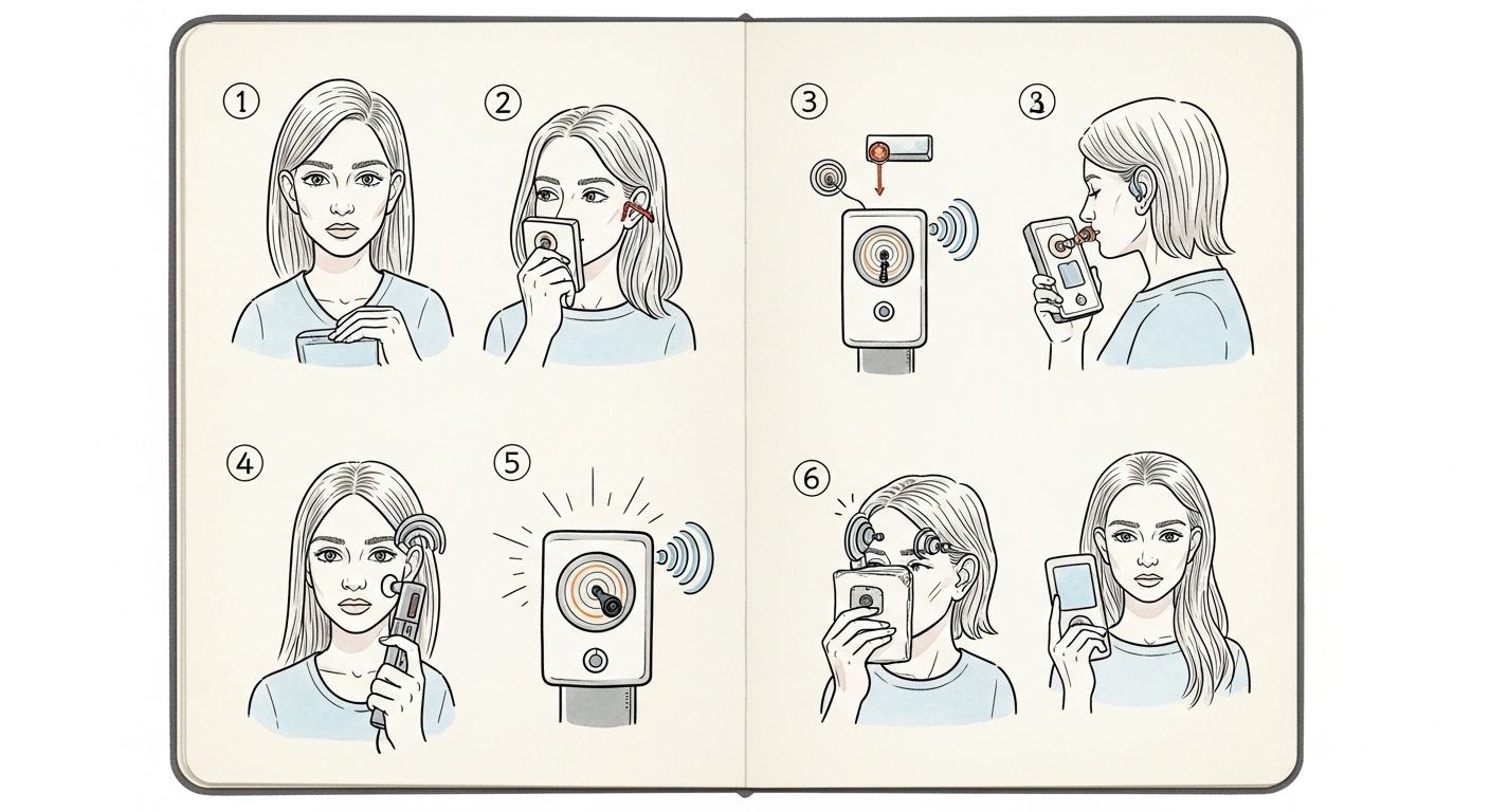 Steps involved in a private hearing test at home.