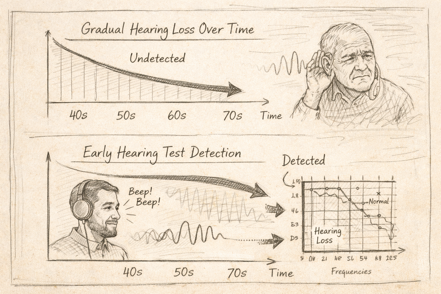 Hand-drawn notebook-style diagram comparing gradual hearing loss over time with early detection through hearing tests.