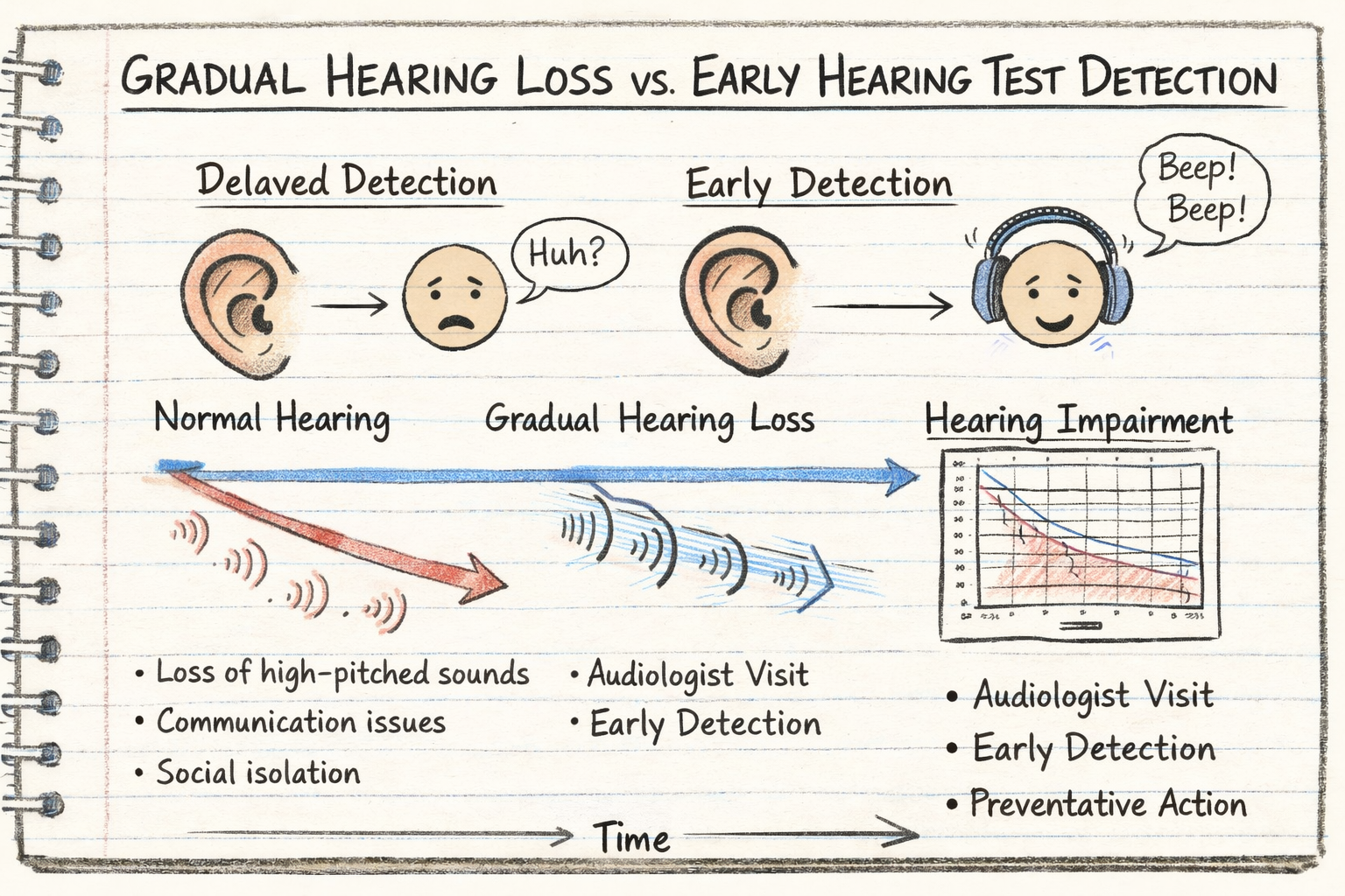 Hand-drawn, notebook-style medical sketch comparing gradual hearing loss with early detection. A horizontal timeline shows normal hearing declining over time with arrows and sound waves, leading to hearing impairment and an audiogram chart. Above, a “delayed detection” path shows confusion (“Huh?”), while an “early detection” path shows a hearing test with headphones and “Beep! Beep!” notes. Simple labels and arrows emphasize early testing and prevention.