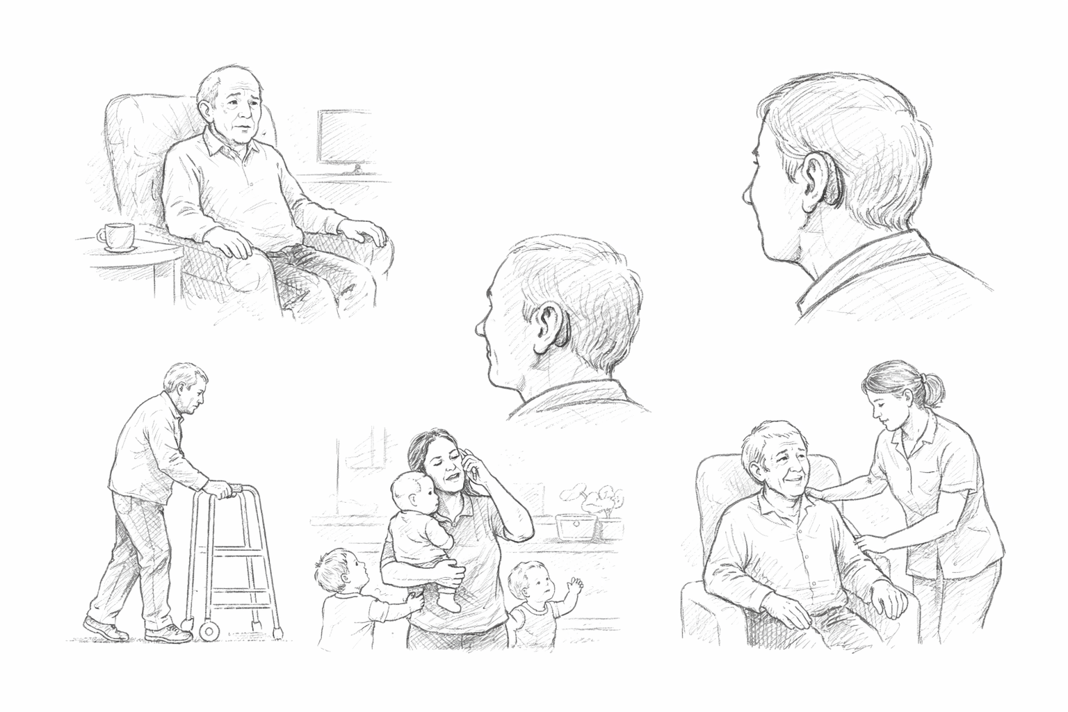 Hand-drawn pencil sketch showing different people at home who may benefit from a home hearing test, including older adults, hearing aid users, busy families, and care home residents.