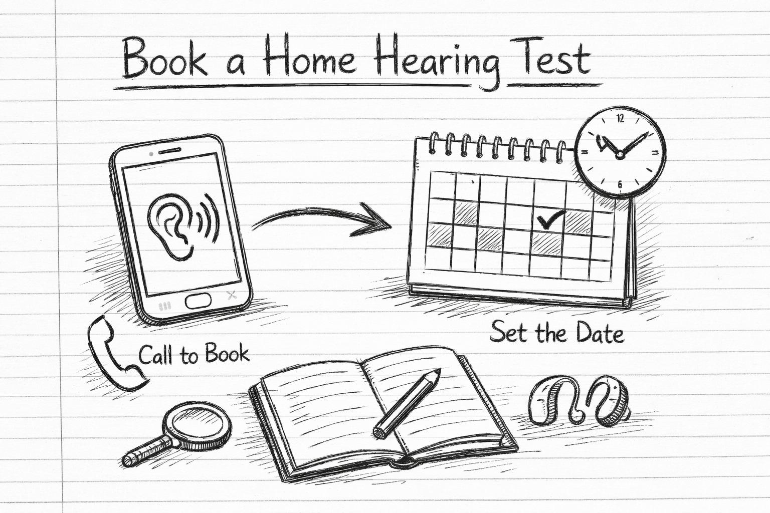 Hand-sketched, black-and-white illustration on lined notebook paper showing how to book a home hearing test: a smartphone with an ear icon labeled “Call to Book,” an arrow pointing to a desk calendar with a checkmark labeled “Set the Date,” plus small doodles of a clock, magnifying glass, open notebook with pen, and hearing aids. Horizontal 16:9 layout in a simple research-notebook drawing style.