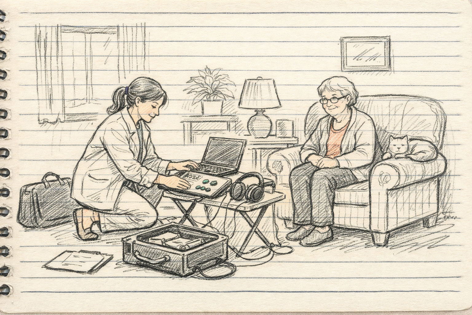 Hand-drawn, notebook-style illustration of an audiologist kneeling in a cozy living room while setting up portable hearing test equipment on a small table. An older woman sits comfortably in an armchair watching with a calm smile, a cat beside her. The scene feels reassuring and gentle, sketched in pencil with soft, muted tones, wide 16:9 composition.