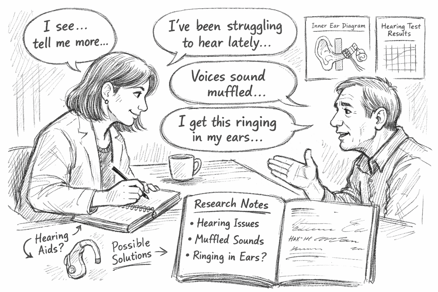 Alt text: Hand-sketched black-and-white illustration of a conversational audiology visit in a 16:9 layout. An audiologist sits at a desk, listening attentively and taking notes in a research notebook while a patient gestures and explains hearing concerns. Speech bubbles mention muffled voices and ringing in the ears. Surrounding notes include simple diagrams of an ear, hearing test results, and possible hearing aid solutions.