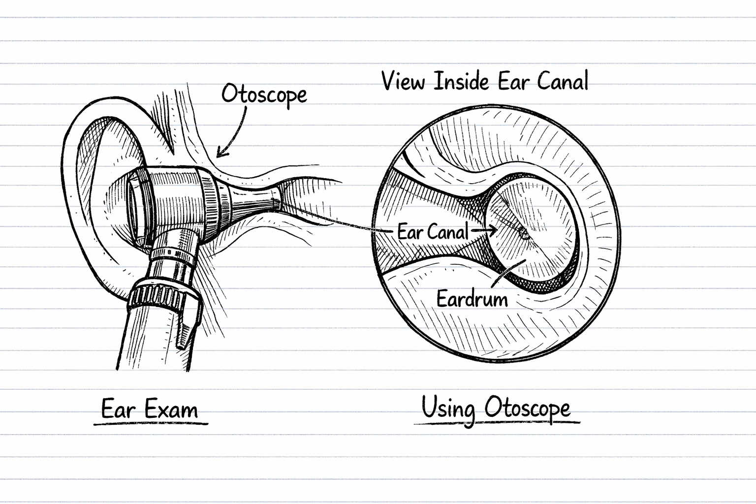 Hand-drawn, black-and-white educational sketch on lined notebook paper showing an ear examination with an otoscope. Left side: an otoscope inserted into the outer ear, labeled “Otoscope” and “Ear Exam.” Right side: a circular close-up view inside the ear canal, clearly showing the ear canal and eardrum with simple labels. Clean, minimal, medical notebook style, wide 16:9 layout.