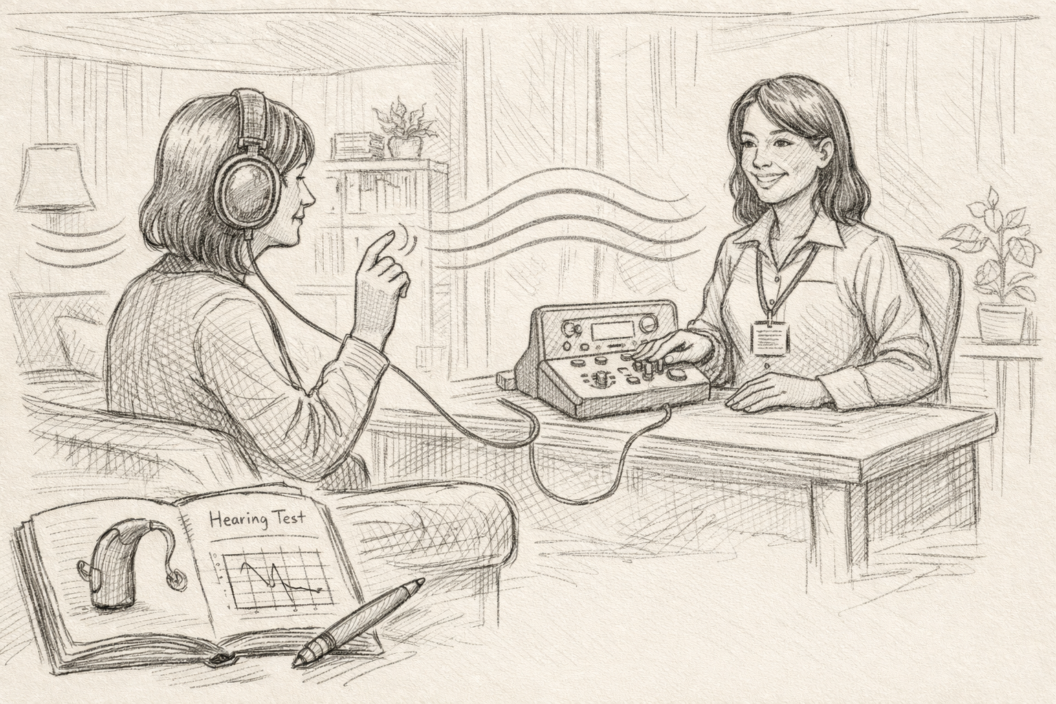 Hand-sketched pencil illustration of a hearing test in progress at home: a patient sits calmly wearing over-ear headphones and raises a finger to signal hearing tones, while a hearing care professional adjusts testing equipment at a small table. Soft sound waves float between them in a cozy living room, with a notebook showing an audiogram in the foreground, rendered in a research sketch style with warm, neutral tones.
