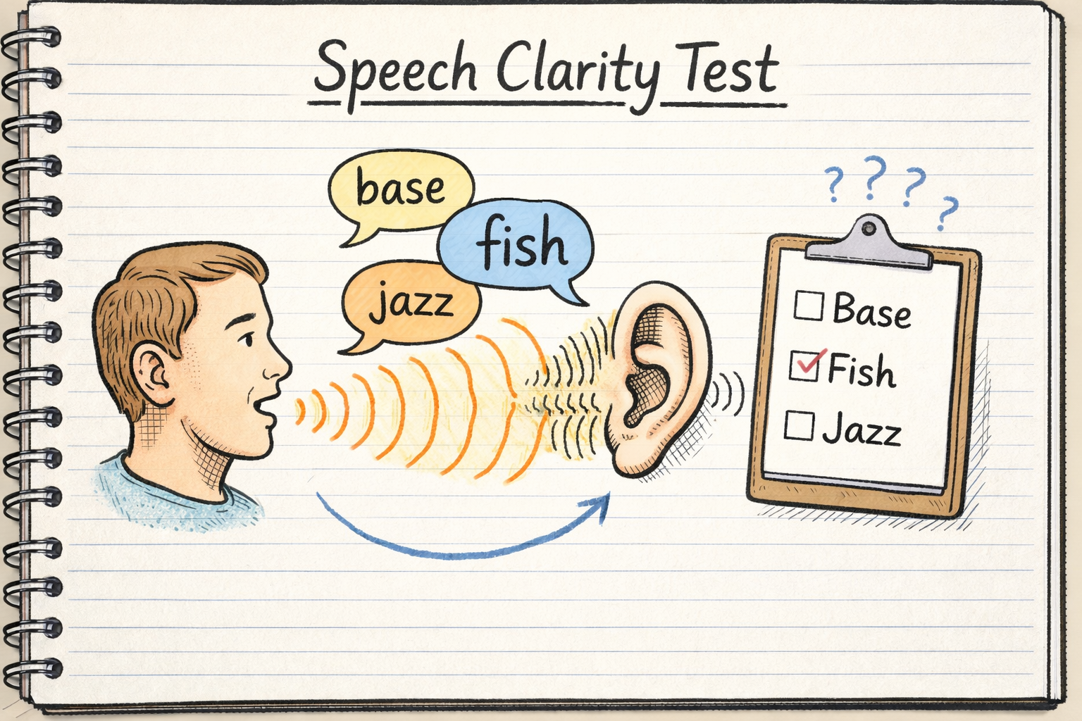 Hand-drawn educational notebook illustration of a speech clarity test, showing a person speaking while sound waves carry simple words in speech bubbles toward an ear; a clipboard on the side marks which words were correctly understood, all sketched in a clean medical-style notebook aesthetic.
