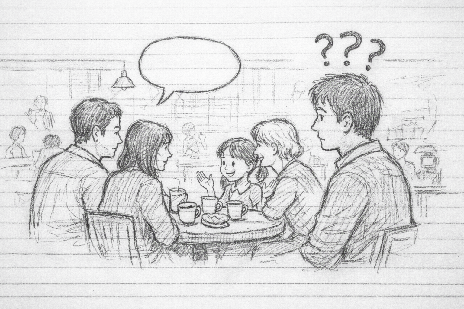 Notebook-style pencil sketch of a family at a café, with one person confused and missing the conversation.