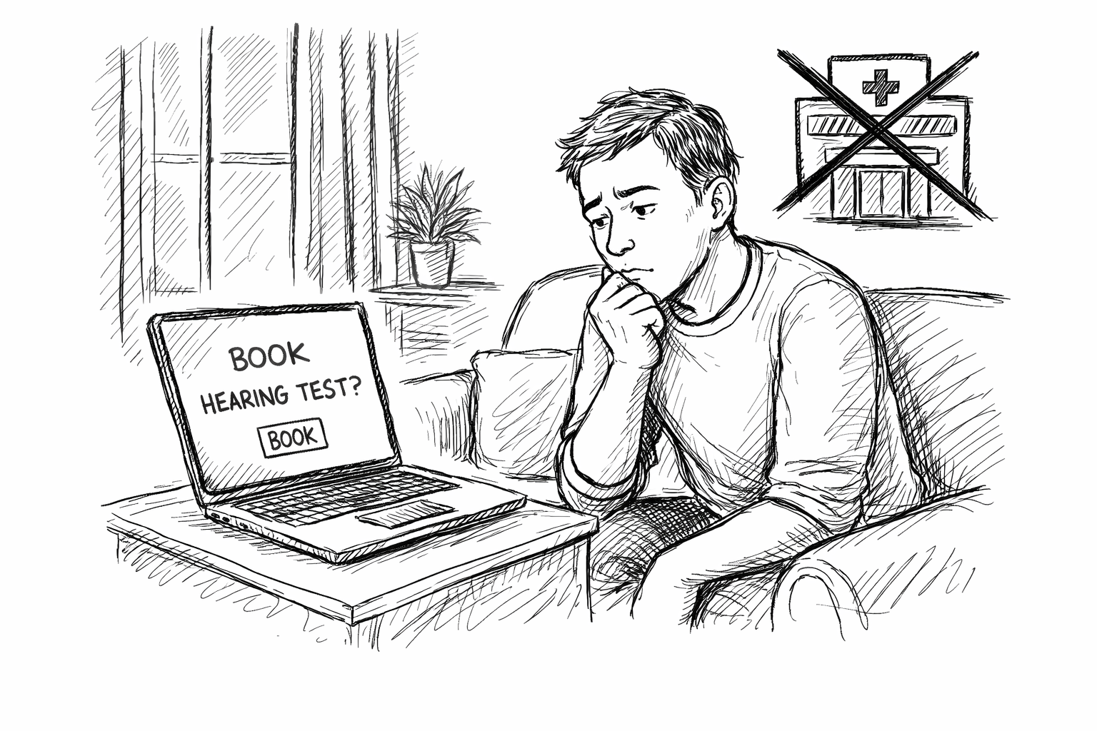 Hand-drawn black-and-white notebook-style sketch of an old television set with a vertical volume bar increasing upward beside the screen. The TV displays faint, partially faded dialogue text, suggesting difficulty hearing speech. Clean, minimal medical notebook illustration with simple labels and calm linework.