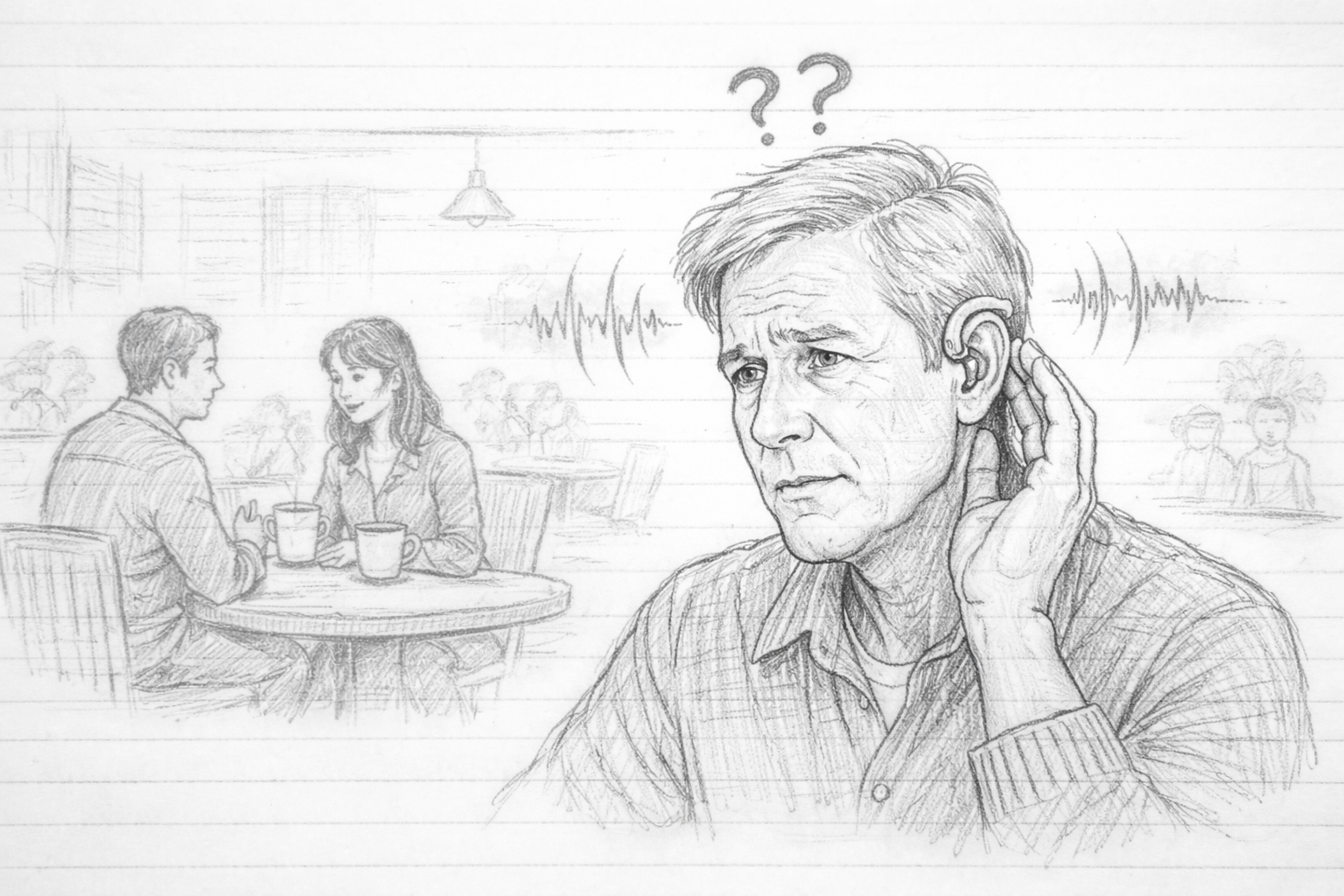 Notebook-style pencil sketch of a man wearing hearing aids, looking confused as faint sound waves fail to reach him during a nearby conversation.