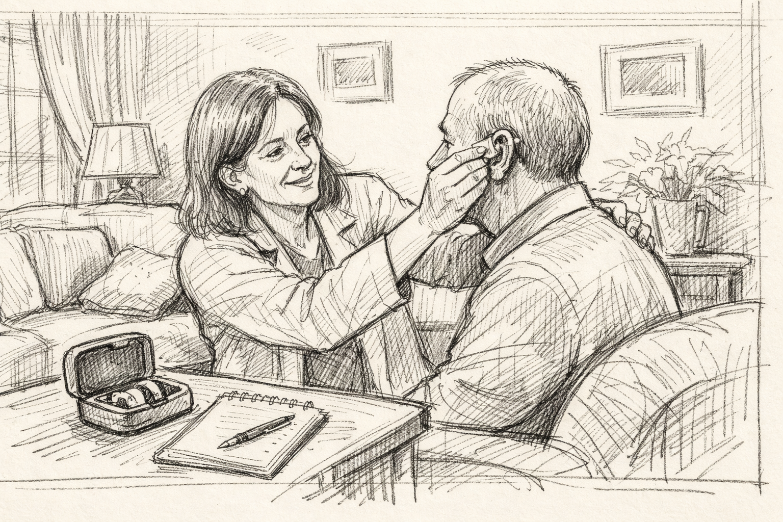 Hand-sketched pencil-and-ink illustration of an audiologist gently fitting a hearing aid on an older patient in a calm UK living room, with soft furnishings, a lamp and plants, natural light, and a reassuring, attentive interaction; warm neutral tones in a
